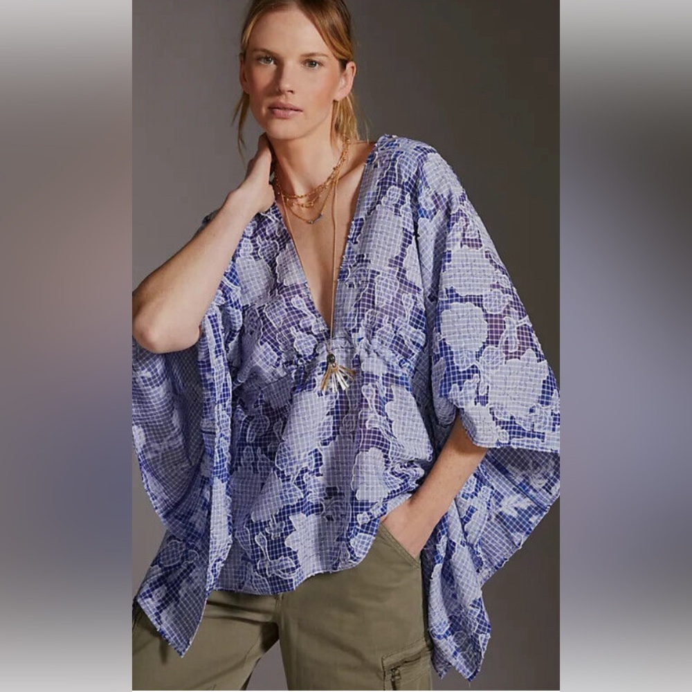 TIE-FRONT Blue Floral Cafkan by Anthropologie (one size)